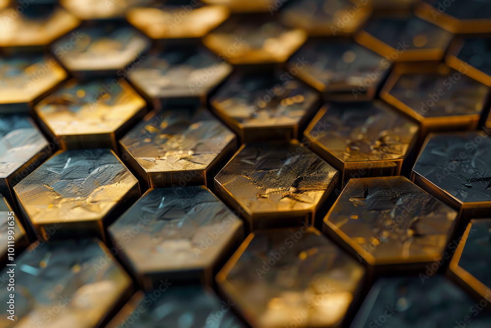 Poster the image is a close up of a pattern of hexagons in gold and black