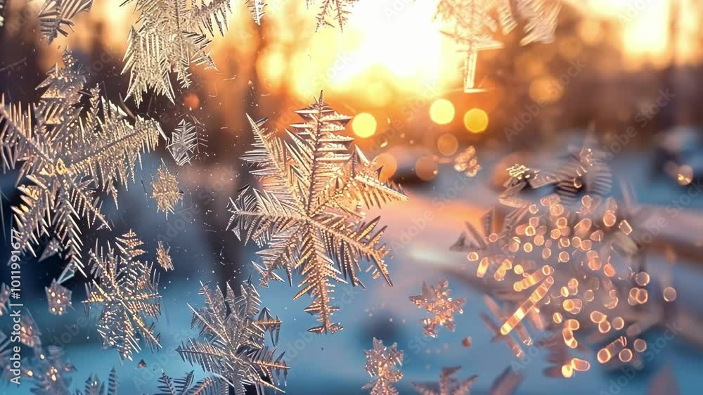 Aufkleber intricate frost formations are developing on a window with a golden hour sunset in the background. t