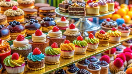 Colorful dessert stand filled with assorted cakes, pastries, and sweet treats on a white background