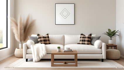 boho farmhouse modern living room white sofa beige fabric fur pillows fringed plaid