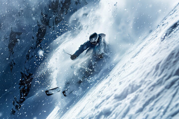 Naklejka premium A man is skiing down a snowy mountain
