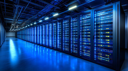 Obraz premium Blue light illuminating a dark room filled with computer servers, blue light, dark room, computer servers, technology