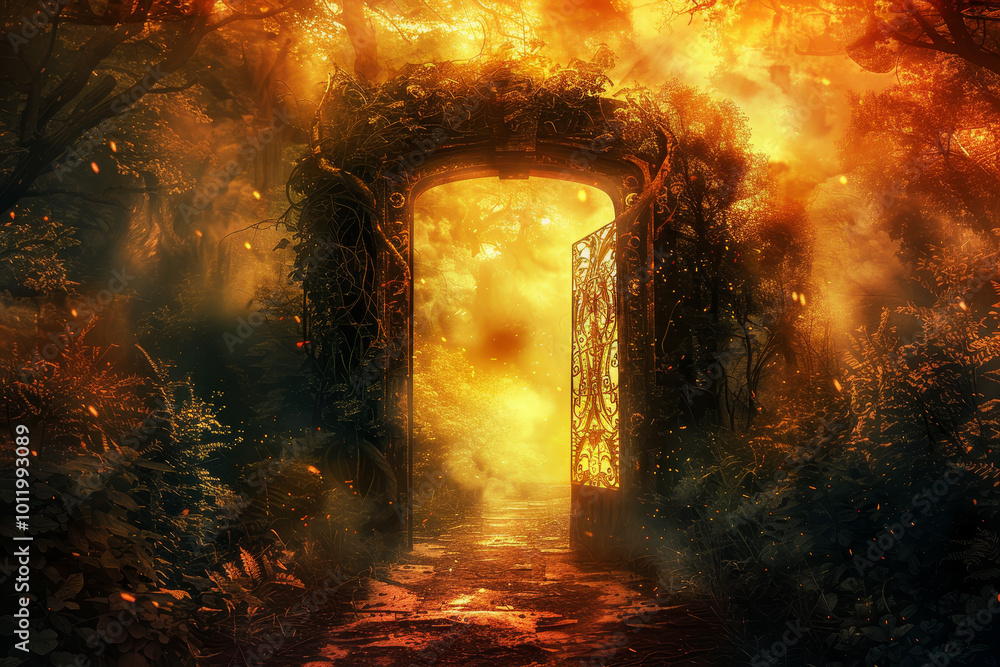 Poster a forest scene with a large archway that is open