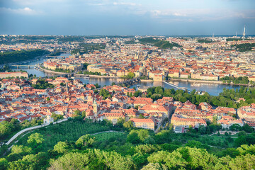 Prague cityscape showing the Vltava River and the Charles Bridge
