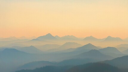A tranquil morning unveils soft mountain silhouettes against a pale sky blue gradient