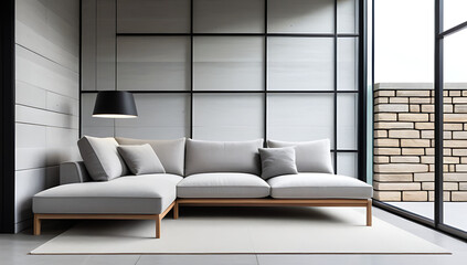 corner sofa grid window near grunge stone panel wall