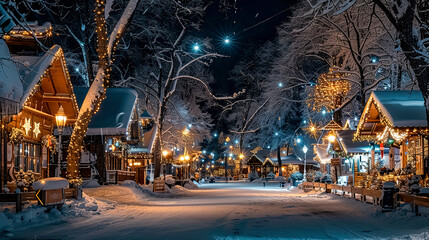 Beautiful winter night in the village. Christmas and New Year concept.