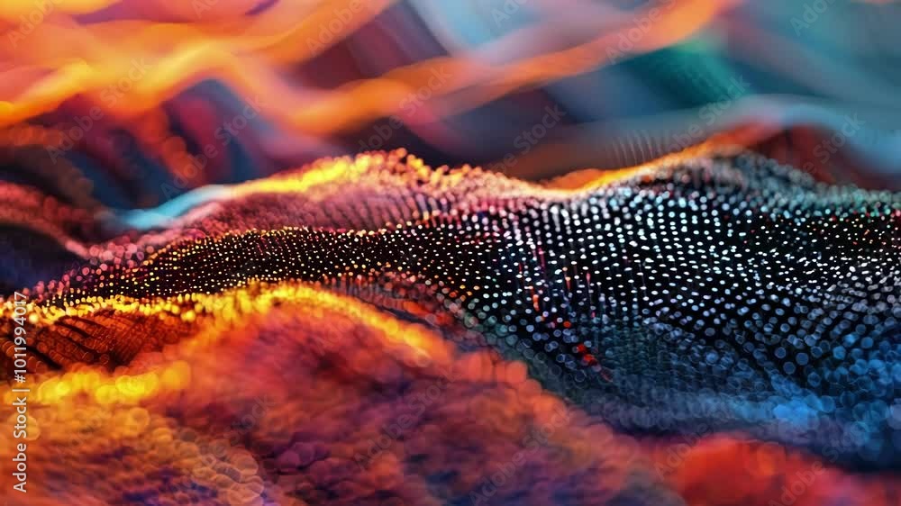 Poster abstract 3d rendering with particles on a warm surface, blending orange and blue hues for a futurist