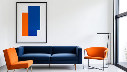 dark blue sofa orange chair sit white wall art poster frame