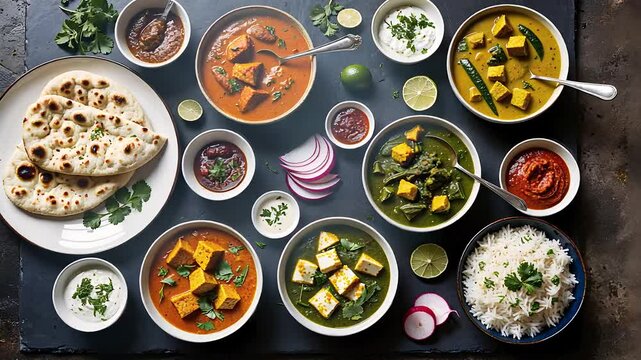 Traditional Indian Cuisine Feast with Assorted Dishes and Spices

