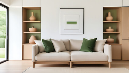 modern living room home sofa green beige pillows wooden cupboard clay vases