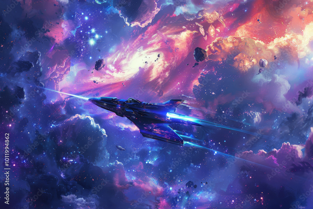 Aufkleber a colorful space scene with a spaceship flying through the clouds