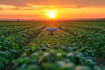 Obraz premium A drone flies over a field of green crops at sunset.