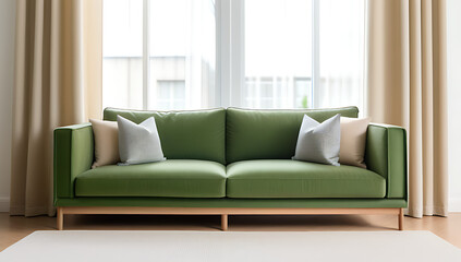 green sofa beige pillows sits window dressed beige curtain