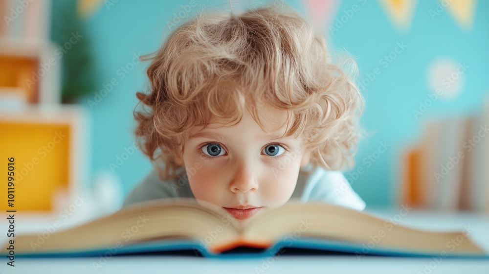 Poster a child reading a book with a curious expression, symbolizing intellectual development and imaginati