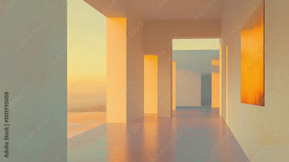 Poster golden hues filter through openings creating a serene atmosphere in an art gallery