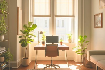 A minimalist home office setup with a laptop, plants, and a coffee cup