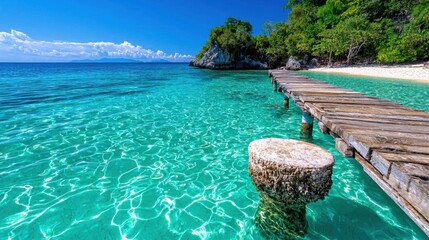 Obraz premium A photostock image of a tropical island beach with clear turquoise water and a small wooden pier