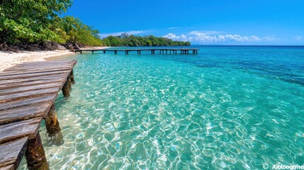 A photostock image of a tropical island beach with clear turquoise water and a small wooden pier