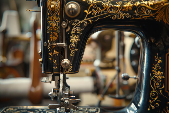 A vintage sewing machine with gold and floral designs on it - Powered by Adobe