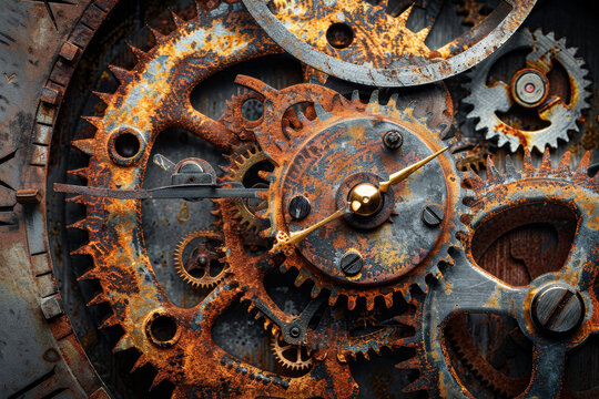 A clock with rusted gears and a gold face