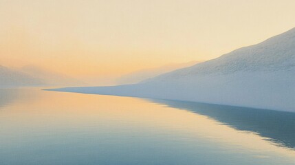 Fototapeta premium Gentle colors merge in a peaceful lake at dawn surrounded by soft misty mountains