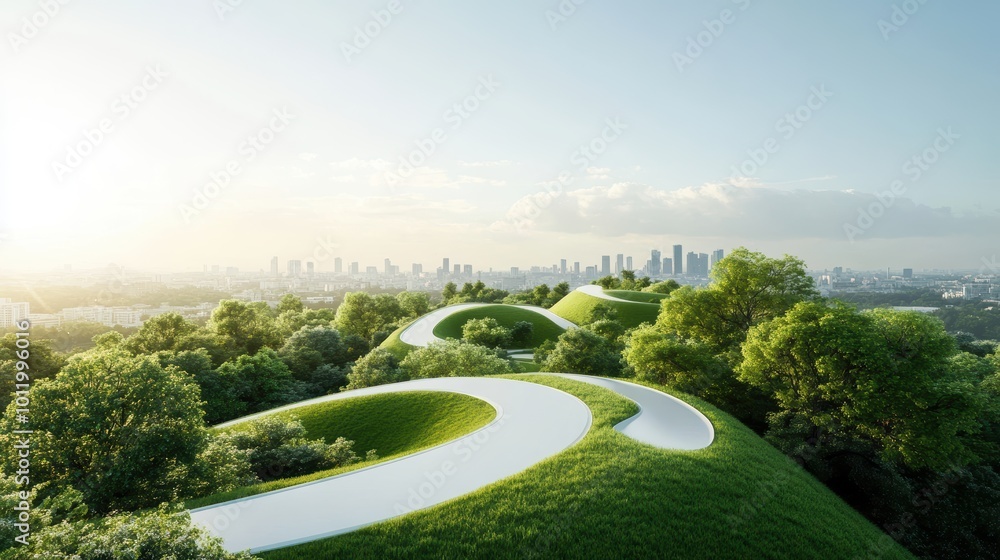 Wall mural A panoramic view of a modern city with parks and green spaces, emphasizing sustainable urban growth.