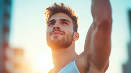 A runner crossing a finish line with a triumphant expression, representing the achievement of fitness goals.