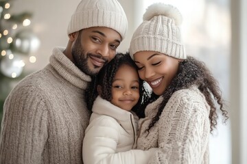 Obraz premium Photography of a family in winter wear, standing close together in a bright, minimal studio setting with soft neutral tones, natural light creating a soft glow