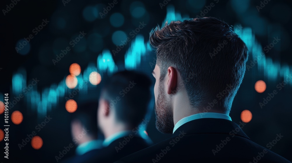 Poster a group of diverse business professionals gathered around a large screen displaying multiple stock c