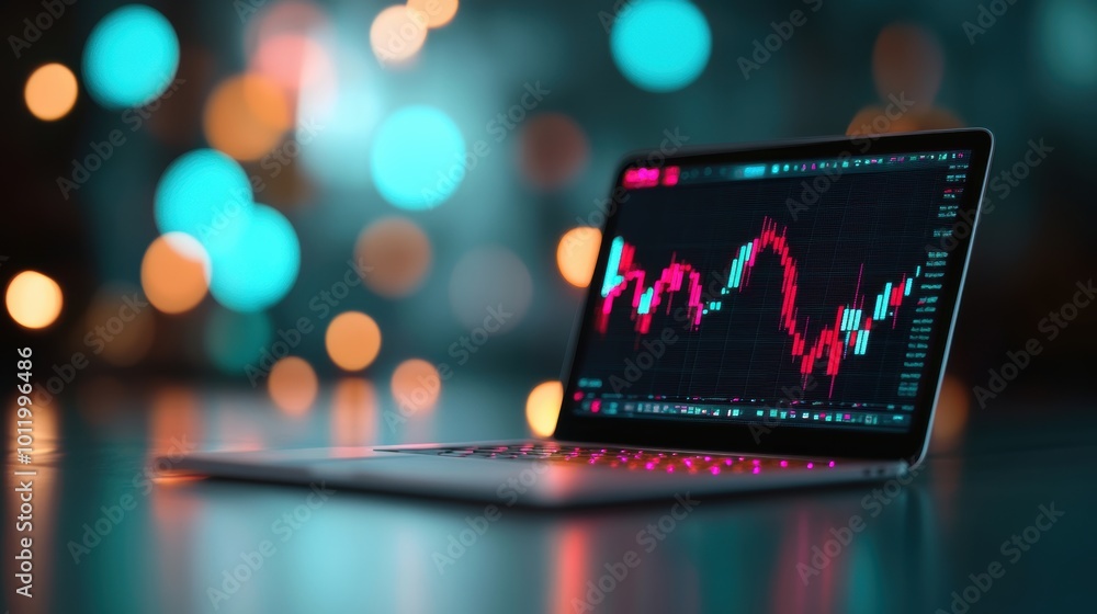 Poster a close up of a laptop screen displaying a technical analysis tool, showing various indicators and s
