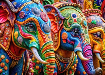 Naklejka premium Colorful Five Elephants Art Print Showcasing Vibrant Patterns and Intricate Details in Design