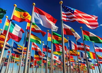 Obraz premium Colorful flags waving in the vastness of space, representing unity and diversity among nations