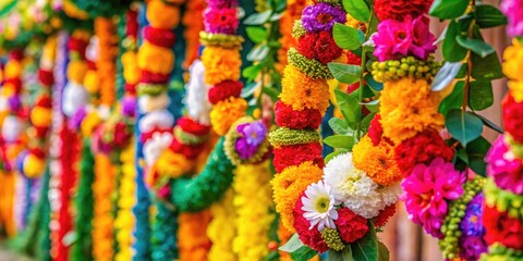 Fototapeta premium Colorful Floral Garland Decorated with Vibrant Flowers and Green Leaves for Festive Celebrations