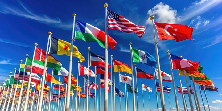 Colorful Flags of Various Countries Flying in the Wind Against a Clear Blue Sky Background
