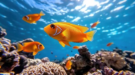 Fototapeta premium A photostock image of a vibrant coral reef underwater with tropical fish swimming around