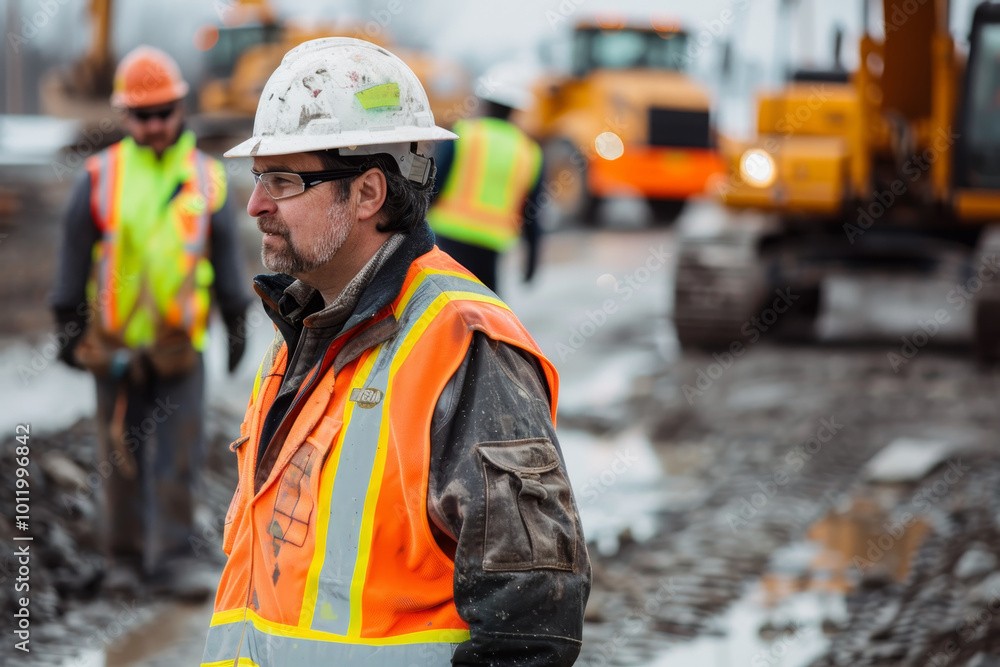 Canvas Prints a man in a construction site wearing a hard hat and safety vest