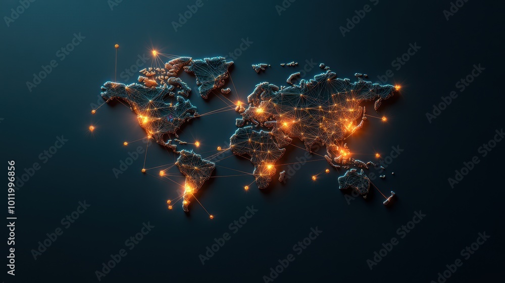 Poster a stylized map of the world with interconnected lines representing global trade routes and financial