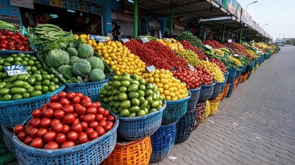 Obraz premium A photostock image of a vibrant marketplace with fresh fruits and vegetables displayed in colorful baskets