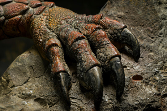 A clawed hand with black nails is on a rock