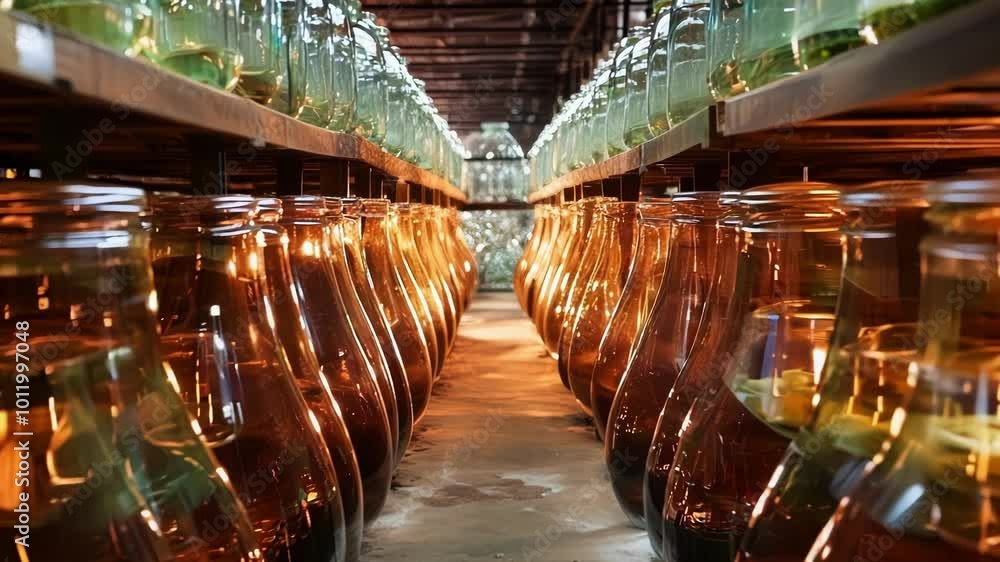 Poster rows of empty glass bottles stand on a shelf in a factory, illuminated by warm light, creating a mes