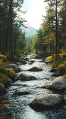 Obraz premium Scenic River Flowing Through a Forest with Beautiful Natural Surroundings