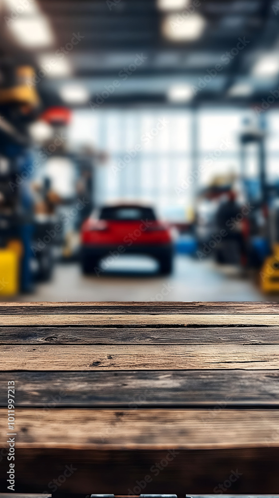 Sticker Rustic wooden tabletop in foreground with blurred auto repair shop interior in background, showcasing a car lift and vehicle silhouette in soft focus.