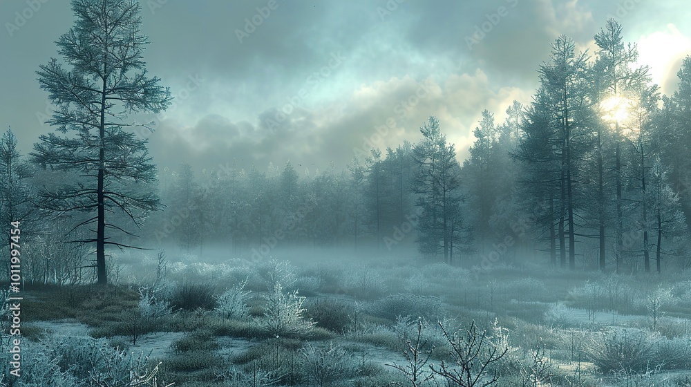 Wall mural Enchanted Winter Forest: Misty Morning Sun