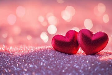 Fototapeta premium Two soft red hearts sit together on a sparkling surface. They shine under gentle light. This image captures love and warmth in a dreamy, romantic style. Generative AI