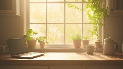Fototapeta premium A minimalist home office setup with a laptop, plants, and a coffee cup