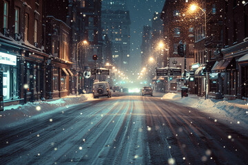 Fototapeta premium A snowy street with a car and a truck on it