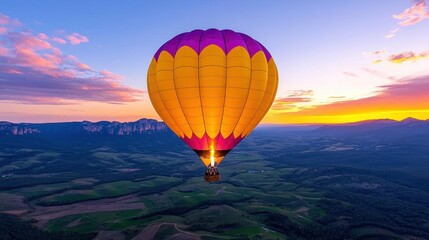 Fototapeta premium A photostock image of a colorful hot air balloon floating over a scenic valley at sunrise