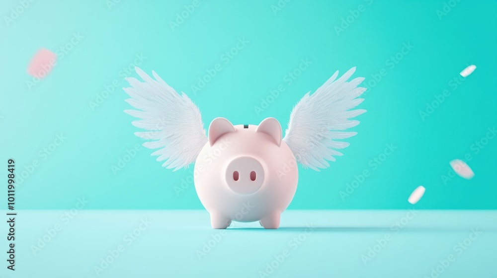 Poster A creative illustration of a piggy bank with wings, symbolizing financial freedom.