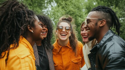 A group of friends with diverse backgrounds, laughing together in an urban park